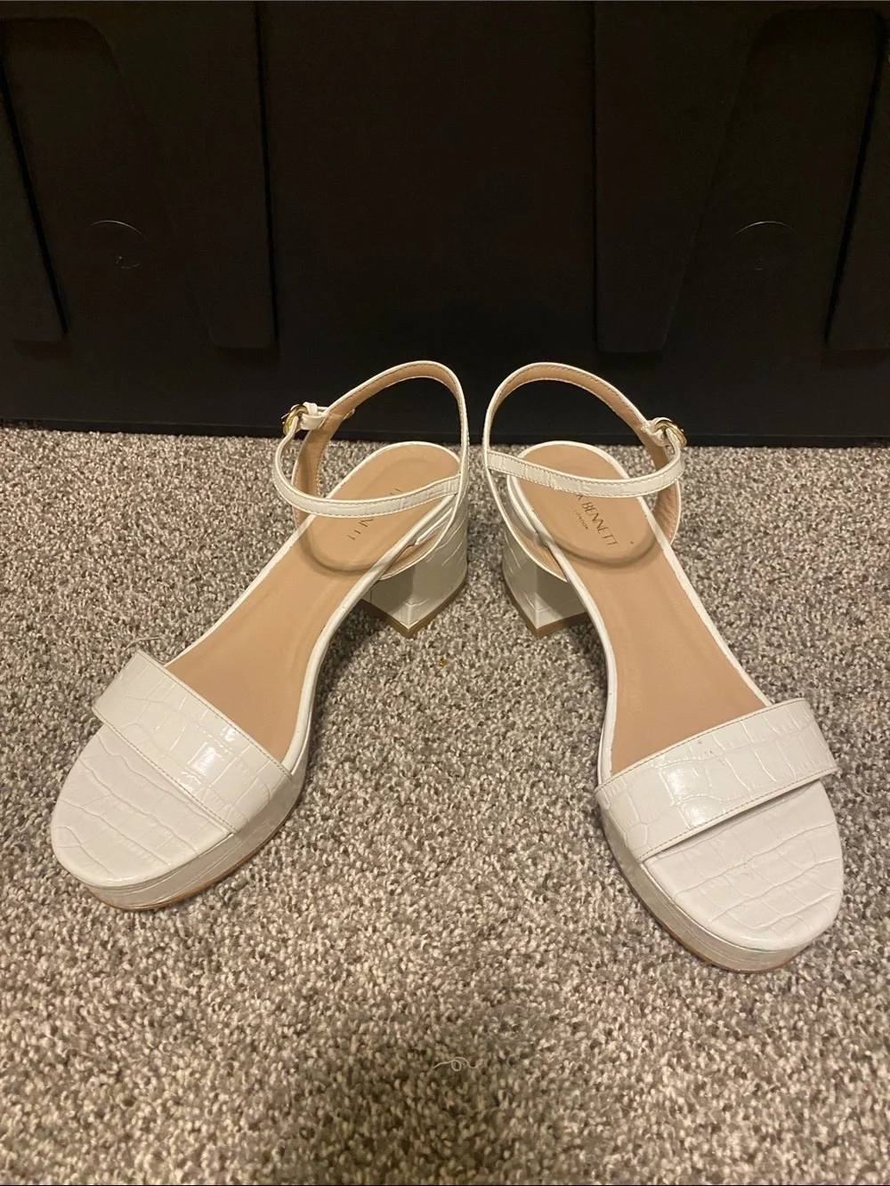 LK Bennett White Croc-Embossed Ankle Strap Block Heel Sandals
